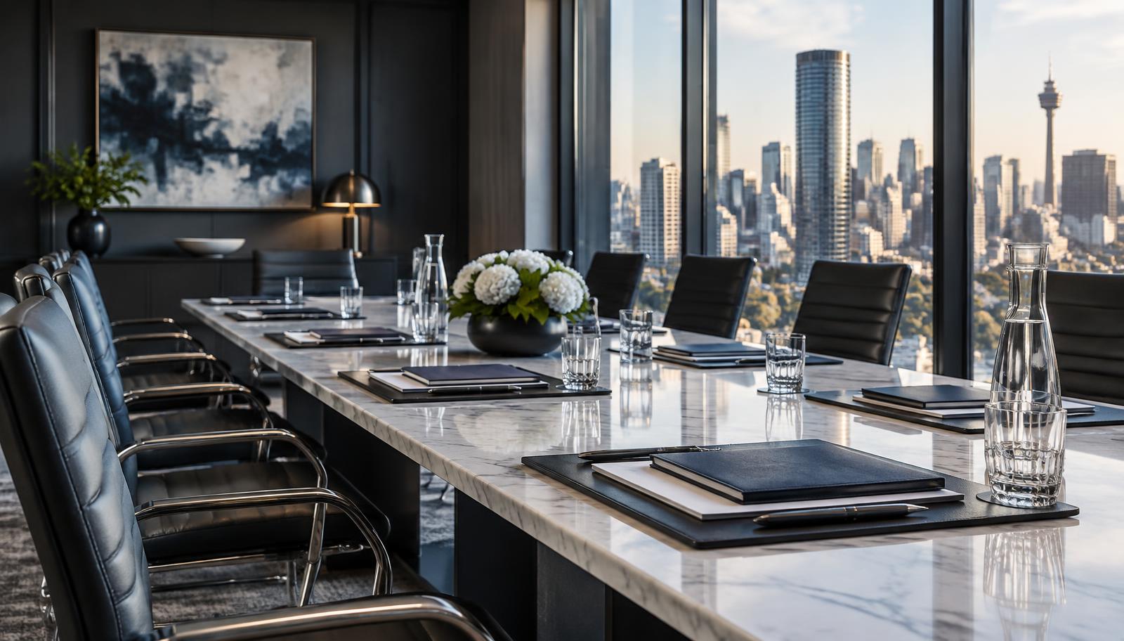 Corporate law firm boardroom prepared for professional collaboration