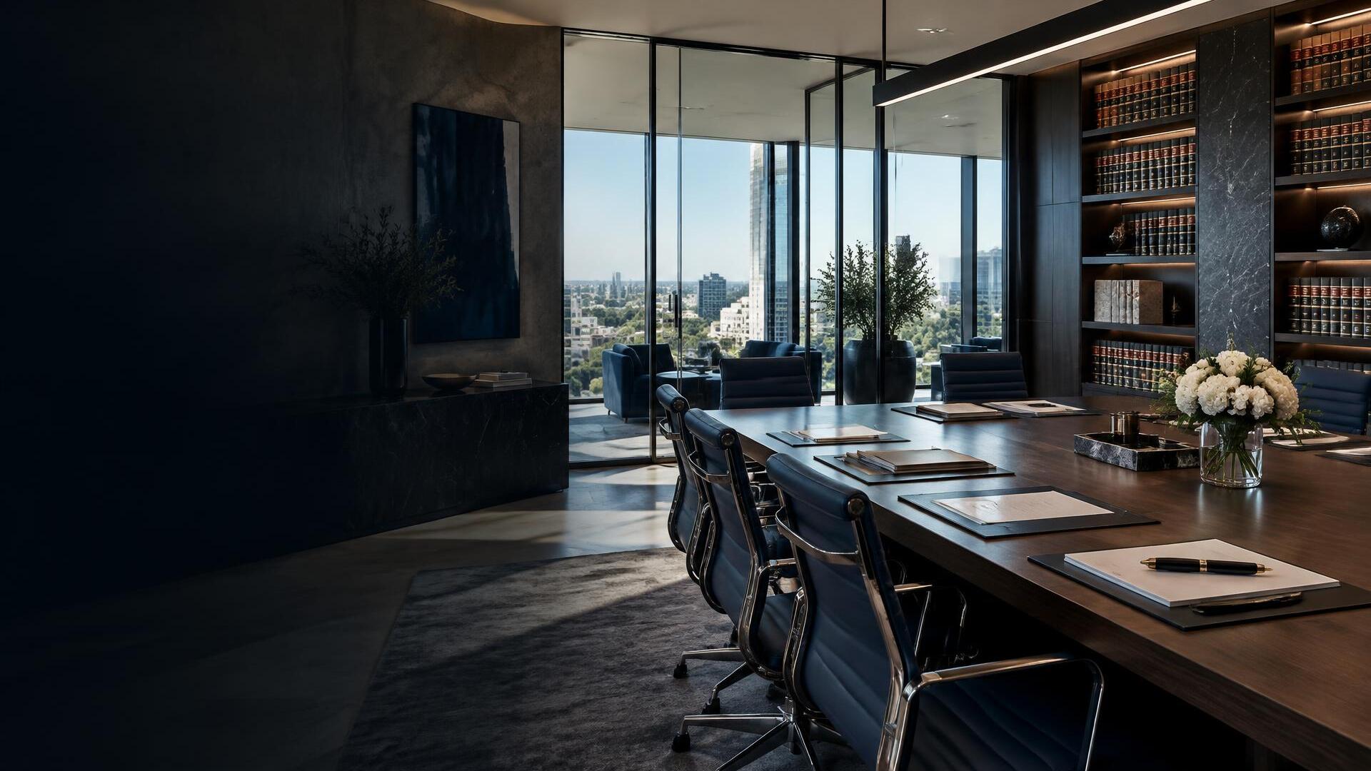 Contemporary corporate law office with a legal library and boardroom